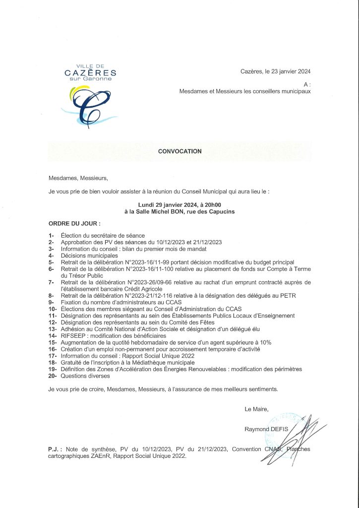 convocation au conseil municipal de Cazères sur Garonne le 29/01/2024