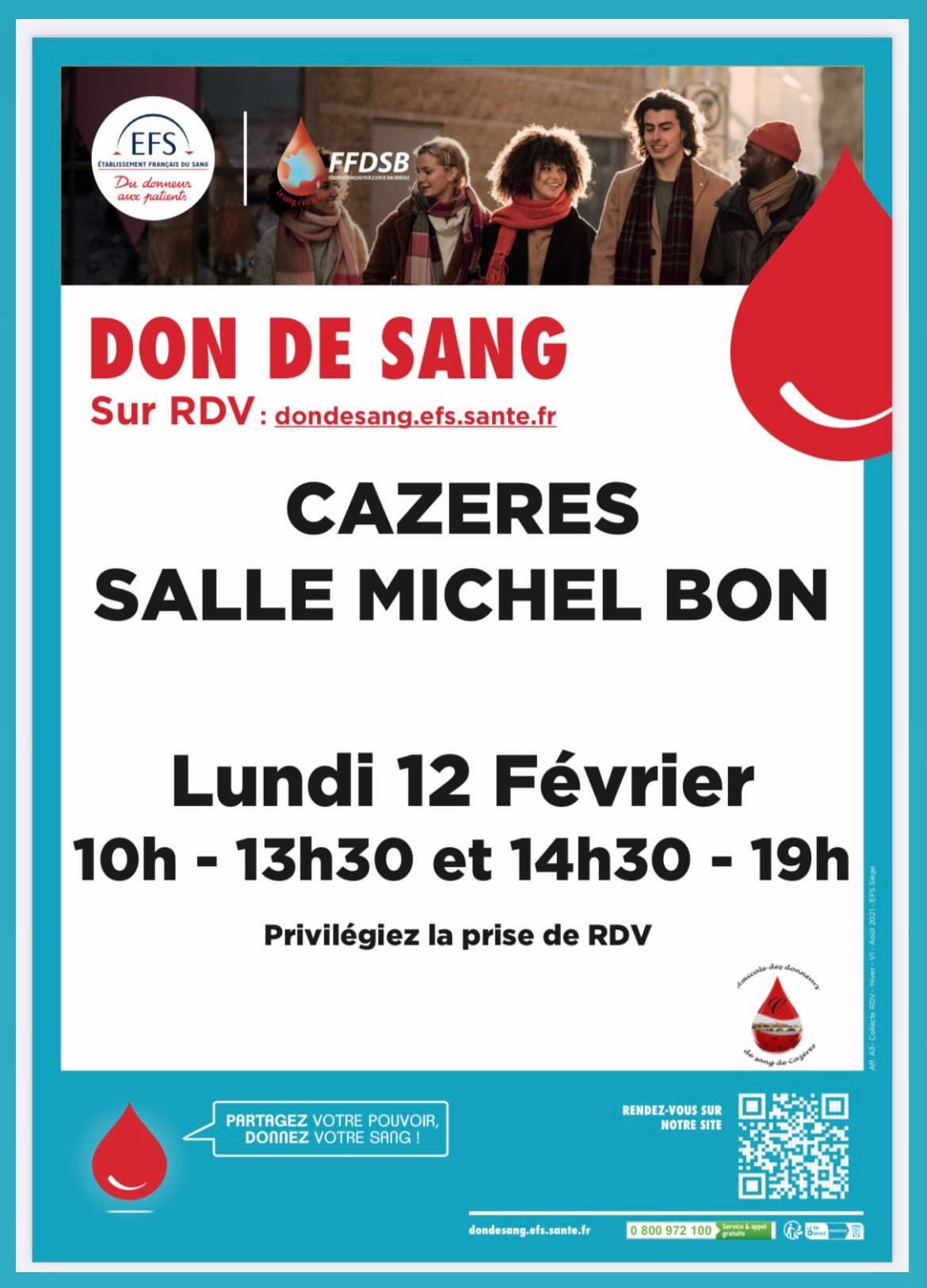 Flyer don de sang du 12 février 2024 salle Michel Bon à cazères sur garonne