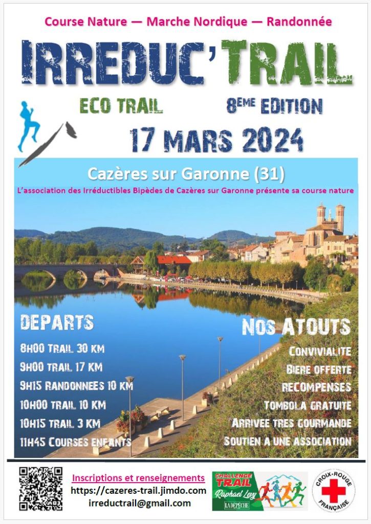 Affiche du TRAIL de Cazères sur garonne le 17 mars 2024 organisé par les bipèdes