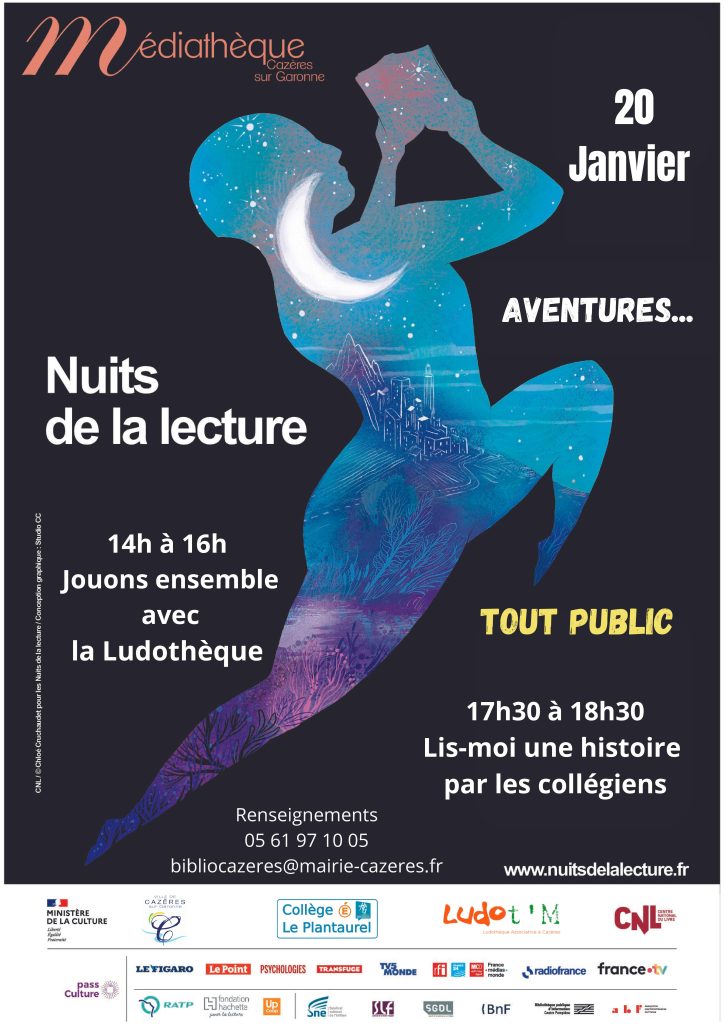 Affiche promotionnelle de la nuuit de la lecture le 20 janvier 2024 organisé par la médiathèque de Cazères sur garonne.