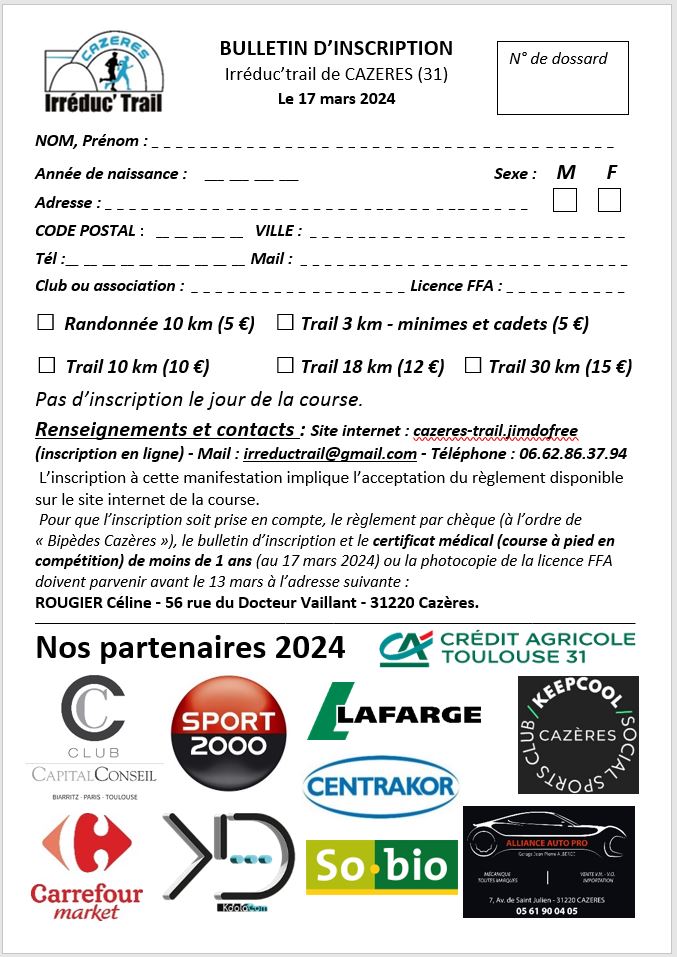 Ficha d'inscription au TRAIL du 17 mars à Cazeres sur Garonne