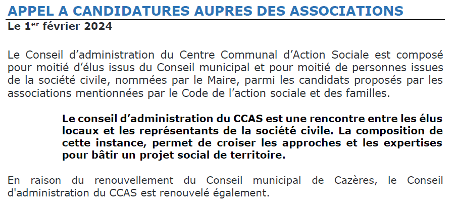 Extrait du document d'appel à candidature CCAS